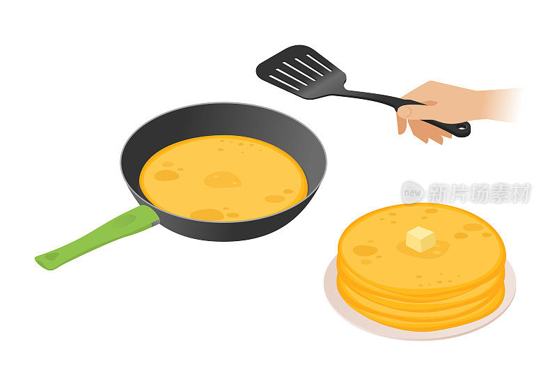 Flat isometric illustration of frying pan with pancakes, hand, spatula.